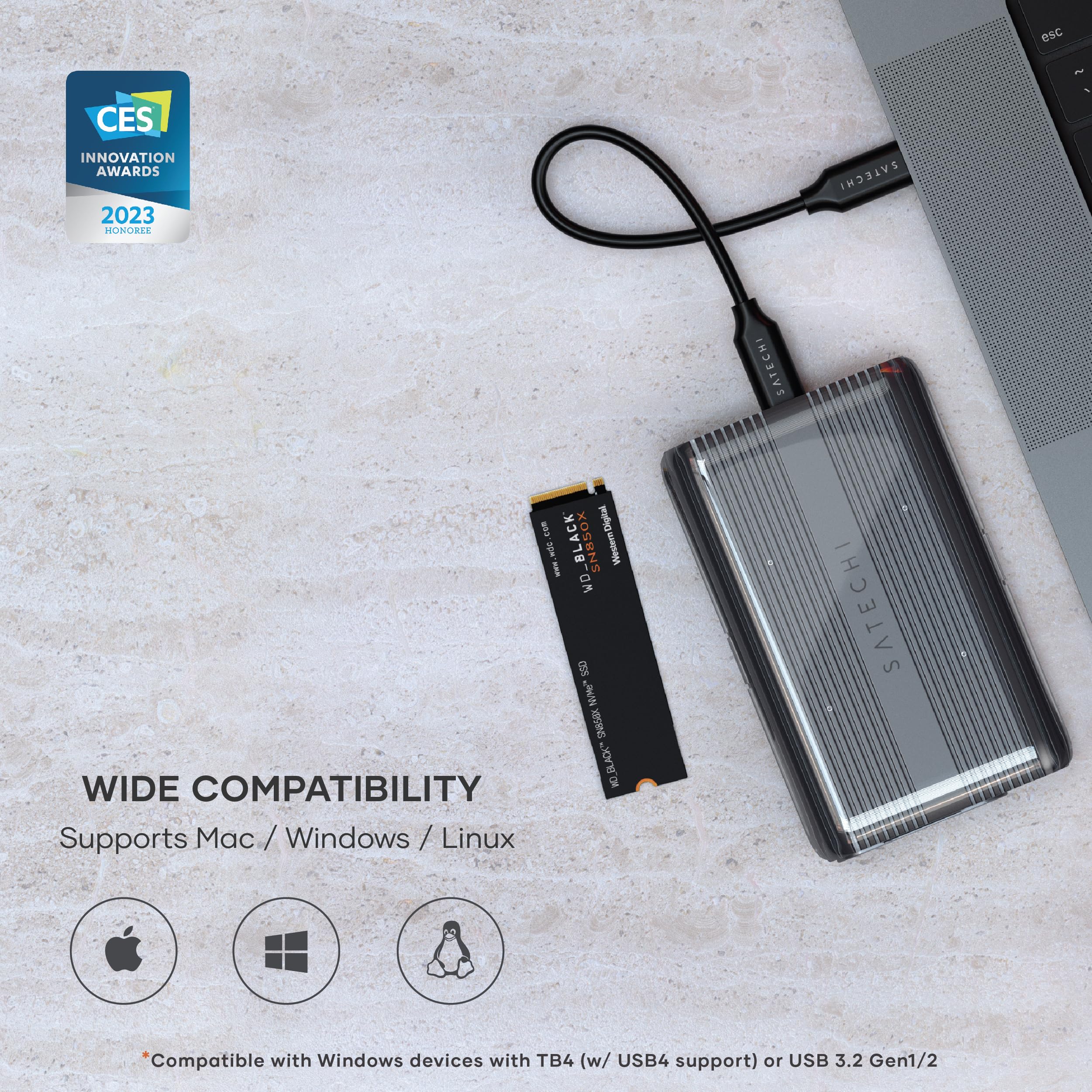 Satechi M.2 Enclosure, USB4 NVMe SSD Pro Enclosure, 40Gbps, up to 16TB, Aluminum Enclosure with Silicone Pin, Polycarbonate Casing, USAP SSD Trim for Sizes 2280/2260/2242/2230mm (SSD Not Included) - Image 3