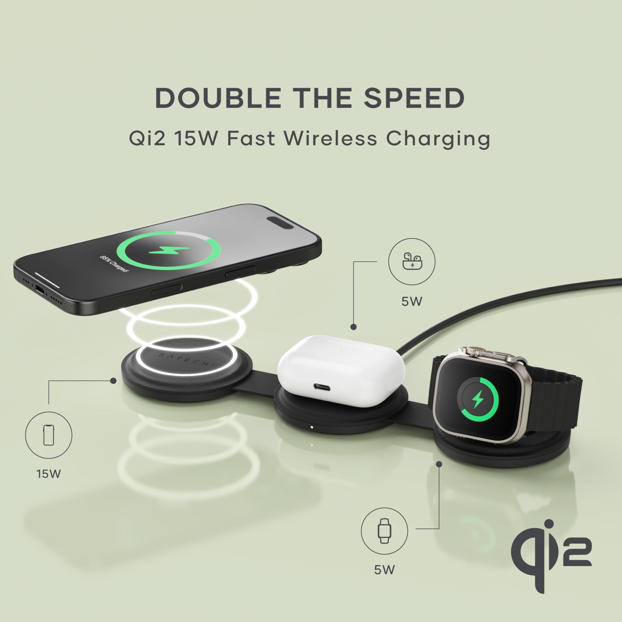 Satechi OntheGo™ 3 in 1 Wireless Charger, Qi2 Portable Charger with 15W Fast Charging for iPhone 17 to 12 Series, 5W for Apple Watch, and 5W for AirPods, Magnetic Travel Charging Station – Black - Image 3