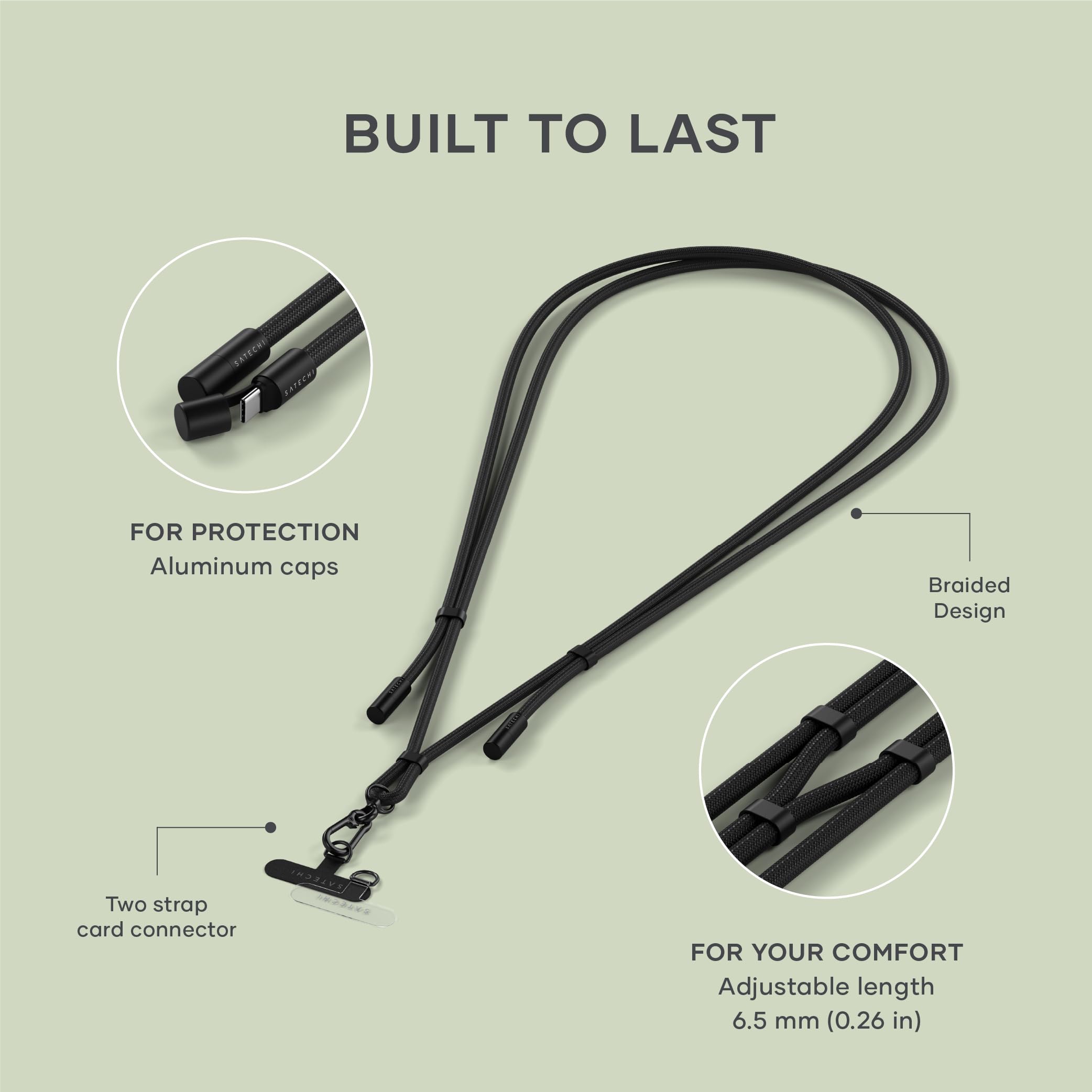 Satechi OntheGo USB-C Lanyard Cable, 60W Fast Charging, 480Mbps Data Transfer, Built-in Crossbody Strap, Adjustable 1.5m / 4.9ft Braided Cord, USB-C to USB-C Cable for iPhone, Android – Black - Image 5