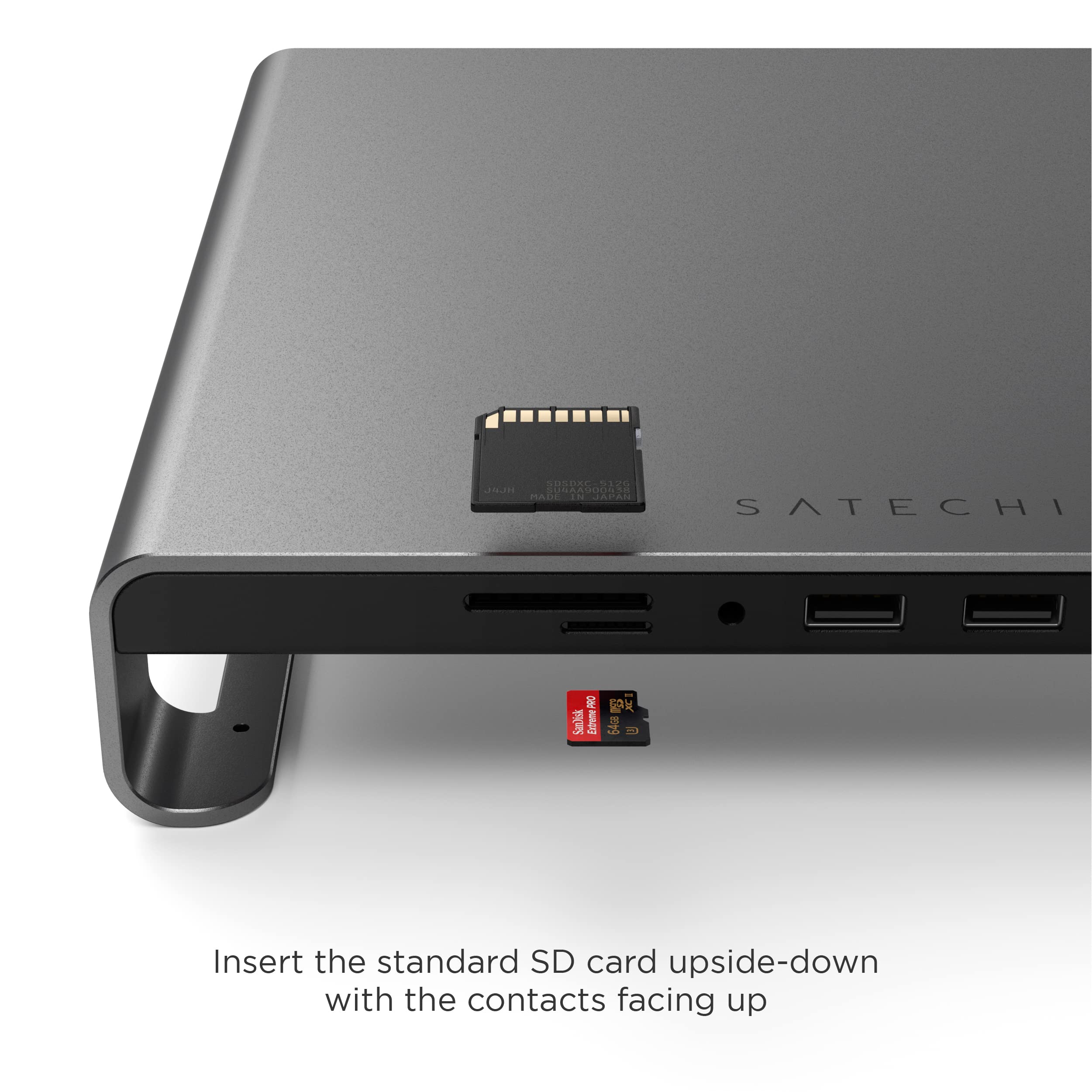 SATECHI Type-C Aluminum Monitor Stand Hub with USB-C Data, USB 3.0, Micro/SD Card Slots & 3.5mm Headphone Jack - for Apple Studio Display, iMac, iMac Pro (Space Grey) - Image 3